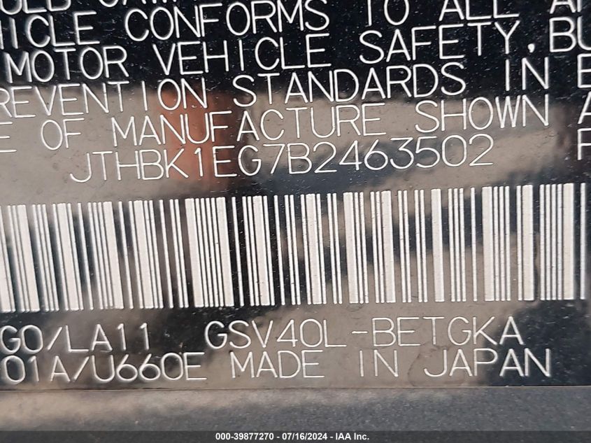 2011 Lexus Es 350 350 VIN: JTHBK1EG7B2463502 Lot: 39877270