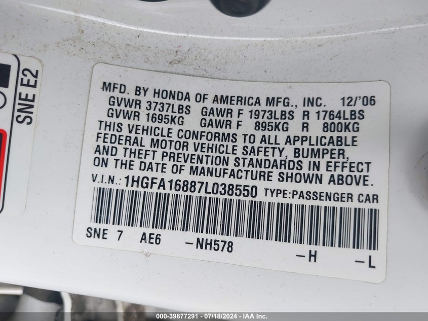 2007 Honda Civic Ex VIN: 1HGFA16887L038550 Lot: 39877291
