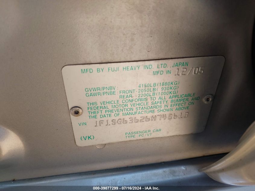 2006 Subaru Forester 2.5X VIN: JF1SG63626H748613 Lot: 39877299