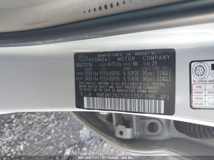 2007 Hyundai Tucson Gls VIN: KM8JM12B27U515397 Lot: 39877311