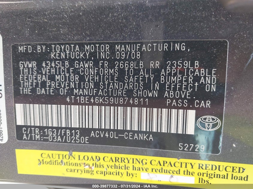 2009 Toyota Camry Le VIN: 4T1BE46K59U874811 Lot: 39877332