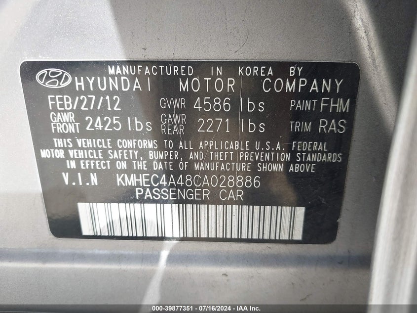2012 Hyundai Sonata Hybrid VIN: KMHEC4A48CA028886 Lot: 39877351