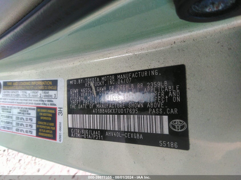 2007 Toyota Camry Hybrid VIN: 4T1BB46KX7U017695 Lot: 39877355