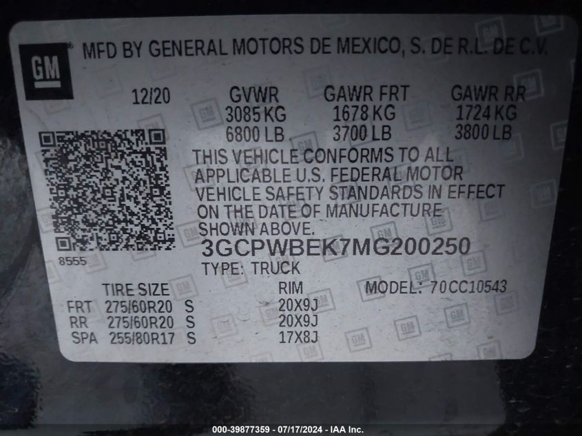 2021 Chevrolet Silverado 1500 2Wd Short Bed Custom VIN: 3GCPWBEK7MG200250 Lot: 39877359