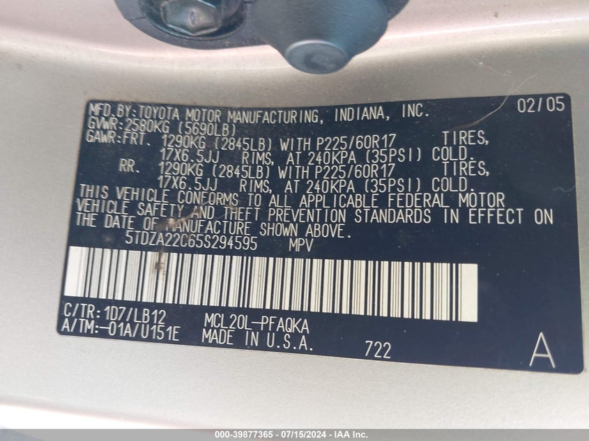 2005 Toyota Sienna Xle Limited VIN: 5TDZA22C65S294595 Lot: 39877365