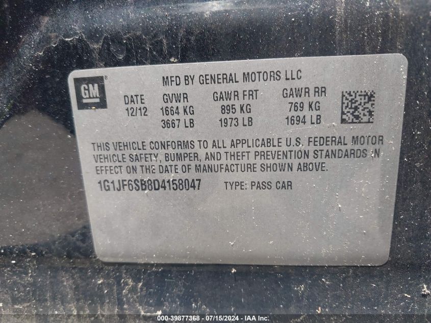 2013 Chevrolet Sonic Ltz Manual VIN: 1G1JF6SB8D4158047 Lot: 39877368