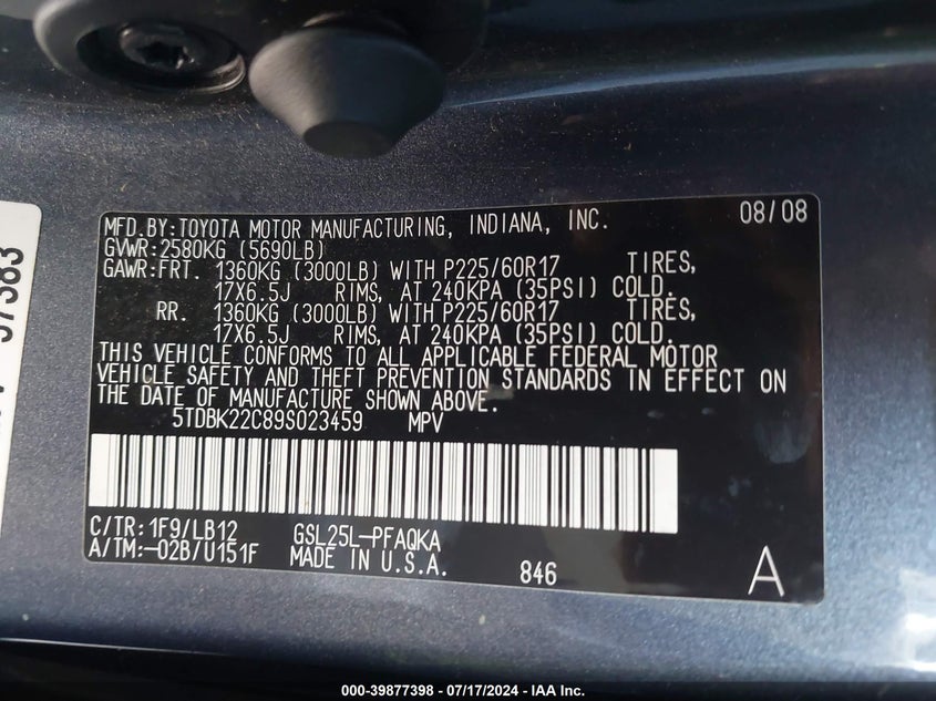 2009 Toyota Sienna Limited VIN: 5TDBK22C89S023459 Lot: 39877398