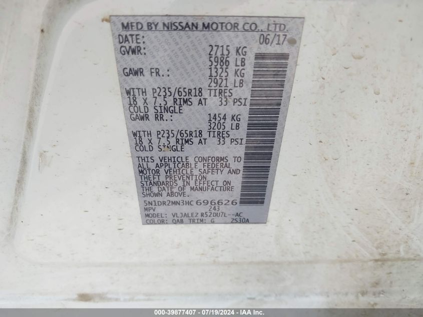 2017 Nissan Pathfinder S/Sv/Sl/Platinum VIN: 5N1DR2MN3HC696626 Lot: 39877407