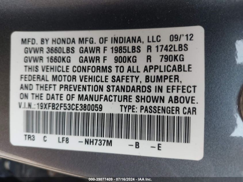 2012 Honda Civic Lx VIN: 19XFB2F53CE380059 Lot: 39877409