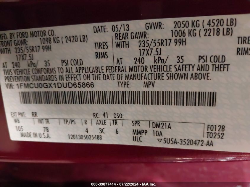 2013 Ford Escape Se VIN: 1FMCU0GX1DUD65866 Lot: 39877414