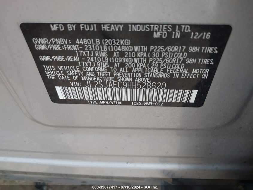 2017 Subaru Forester 2.5I Premium VIN: JF2SJAEC9HH528620 Lot: 39877417