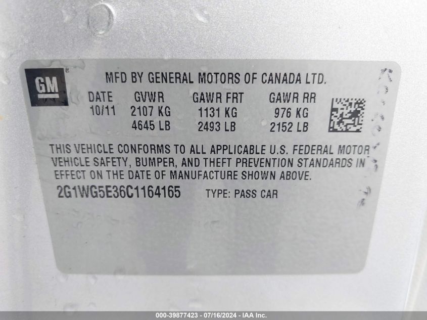 2012 Chevrolet Impala Lt VIN: 2G1WG5E36C1164165 Lot: 39877423