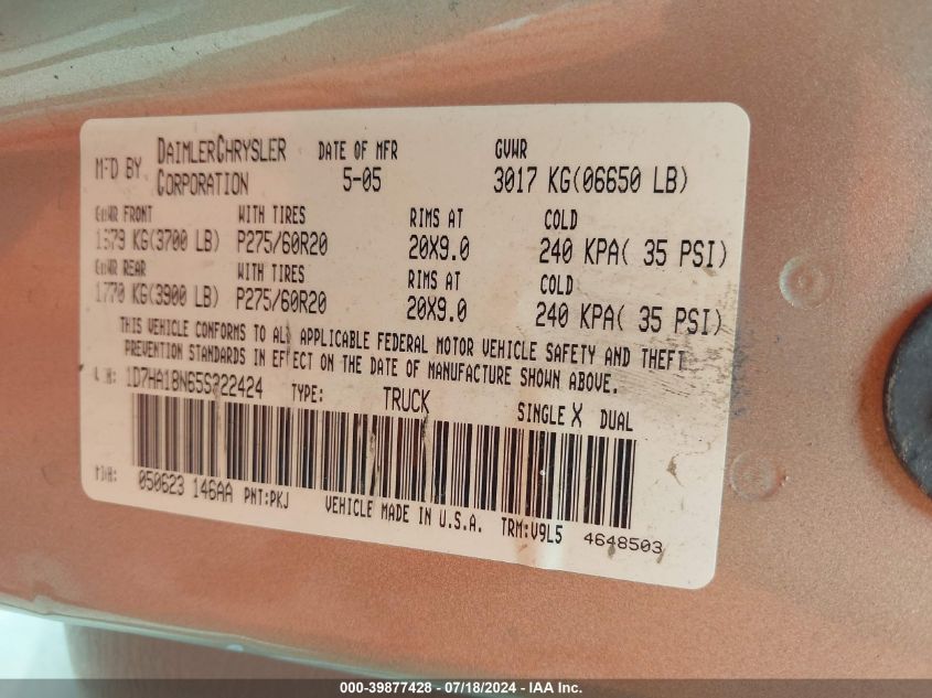 2005 Dodge Ram 1500 Slt/Laramie VIN: 1D7HA18N65S322424 Lot: 39877428