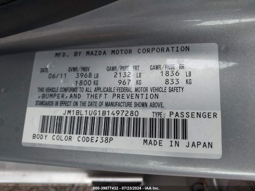 2011 Mazda Mazda3 I Sport VIN: JM1BL1UG1B1497280 Lot: 39877432