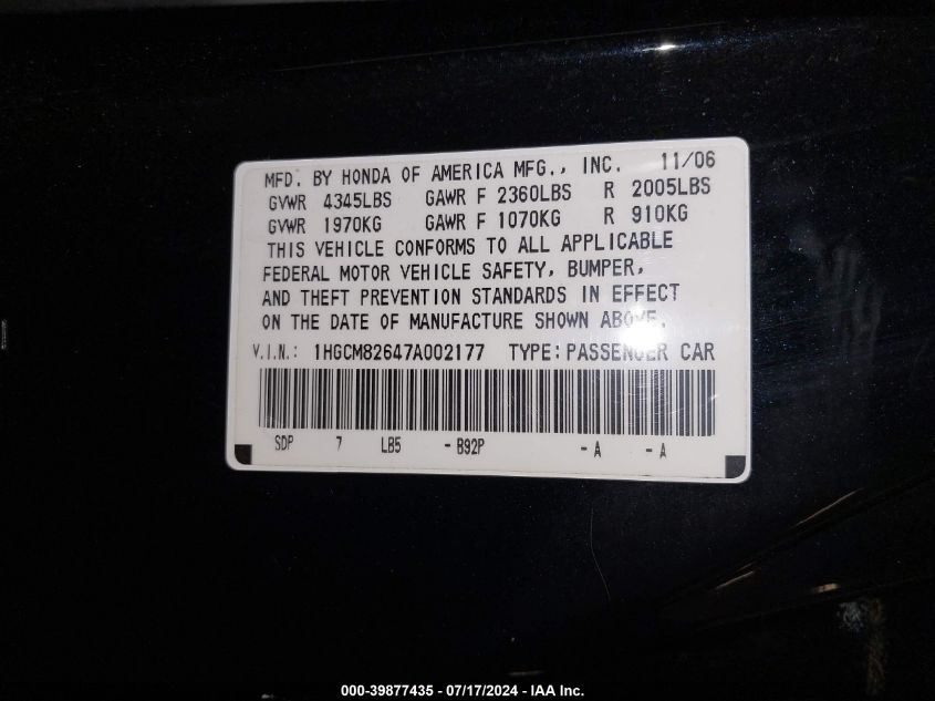 1HGCM82647A002177 2007 Honda Accord 3.0 Ex