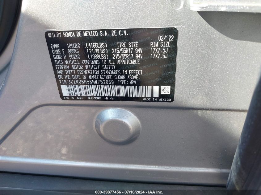 2022 Honda Hr-V Ex VIN: 3CZRU6H56NM752069 Lot: 39877456