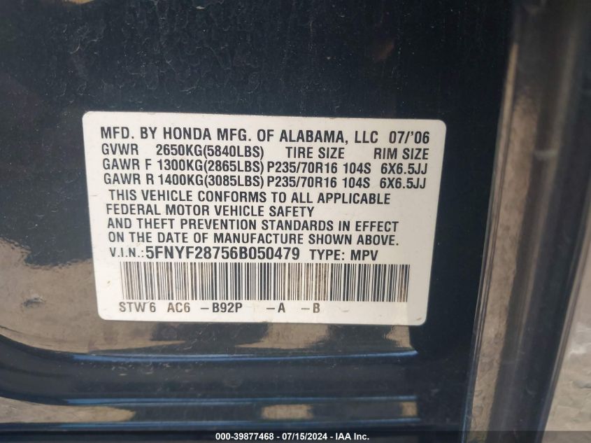 2006 Honda Pilot Ex-L VIN: 5FNYF28756B050479 Lot: 39877468