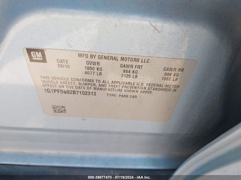 2011 Chevrolet Cruze 1Lt VIN: 1G1PF5S92B7102313 Lot: 39877470