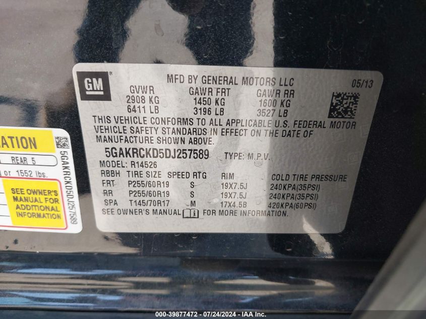 2013 Buick Enclave Leather VIN: 5GAKRCKD5DJ257589 Lot: 39877472