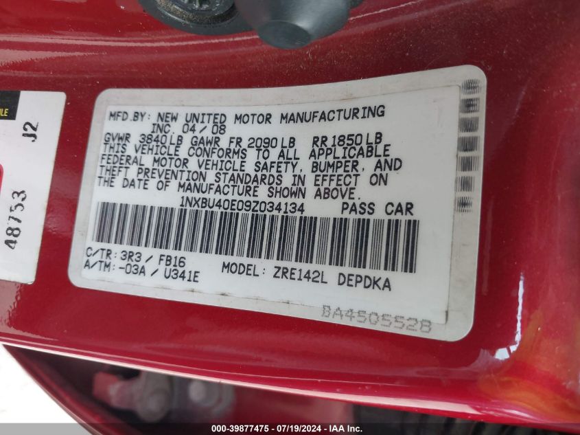 2009 Toyota Corolla Le VIN: 1NXBU40E09Z034134 Lot: 39877475