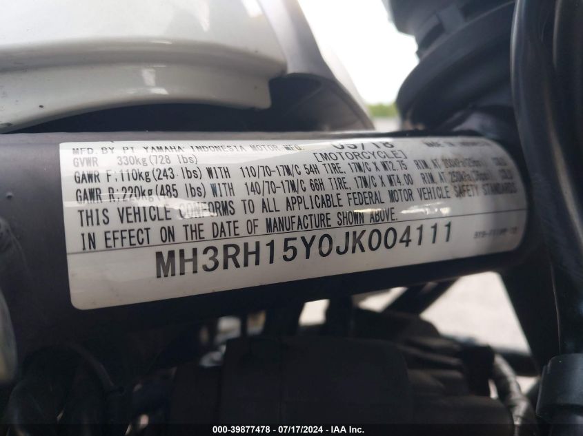 MH3RH15Y0JK004111 2018 Yamaha Yzfr3 A