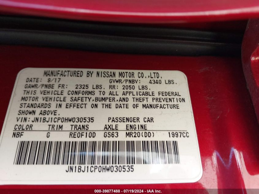 2017 Nissan Rogue Sport Sl VIN: JN1BJ1CP0HW030535 Lot: 39877488