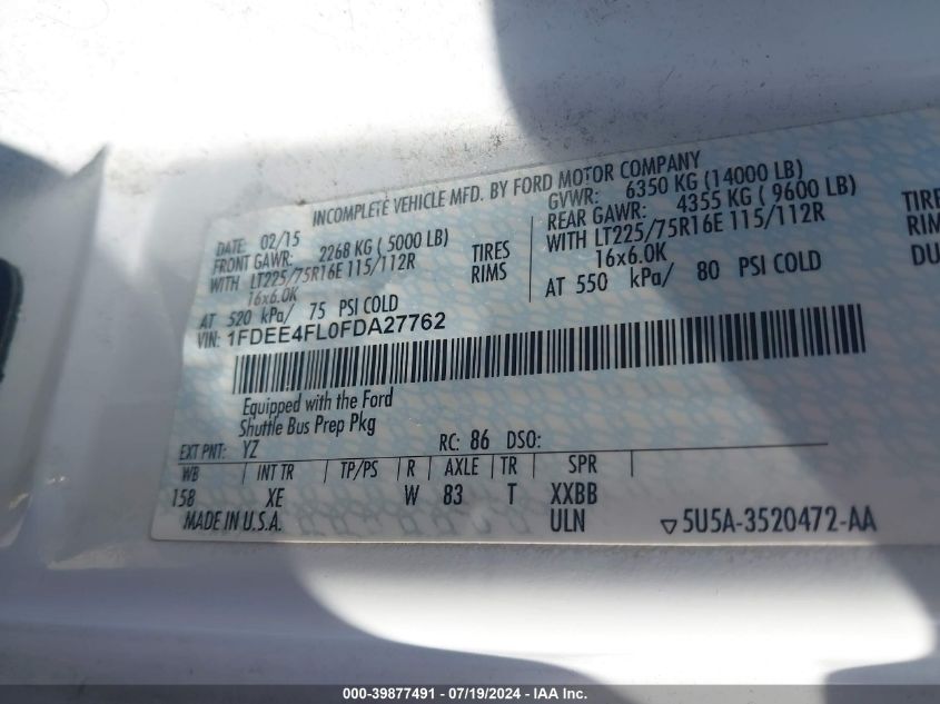 2015 Ford Econoline E450 Super Duty Cutwy Van VIN: 1FDEE4FL0FDA27762 Lot: 39877491