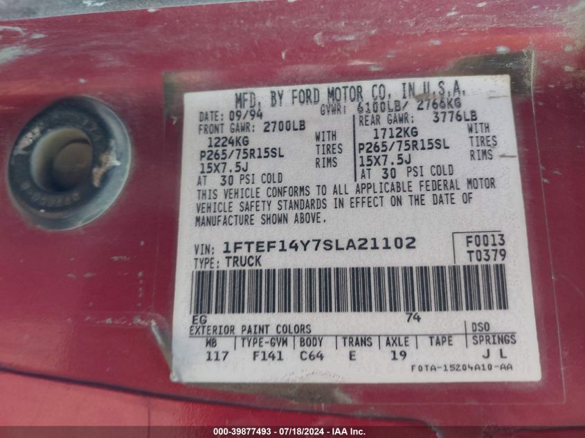 1995 Ford F150 VIN: 1FTEF14Y7SLA21102 Lot: 39877493