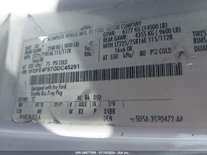 2016 Ford Econoline E450 Super Duty Cutwy Van VIN: 1FDFE4FS7GDC45291 Lot: 39877509