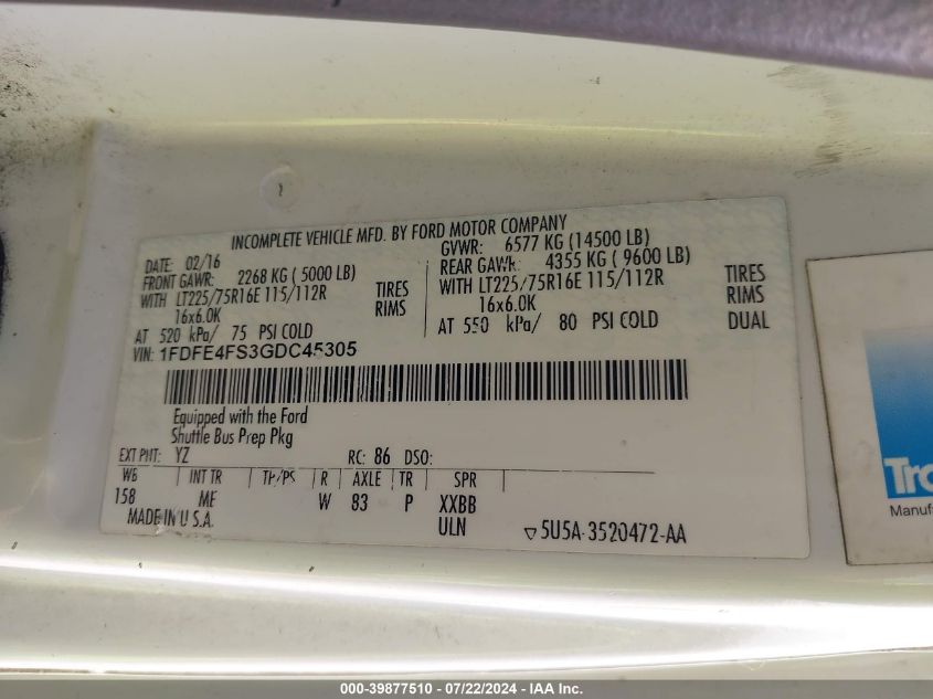 2016 Ford Econoline E450 Super Duty Cutwy Van VIN: 1FDFE4FS3GDC45305 Lot: 39877510