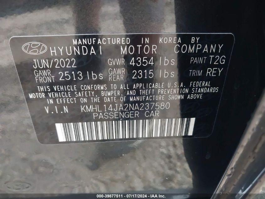 2022 Hyundai Sonata Sel VIN: KMHL14JA2NA237580 Lot: 39877511