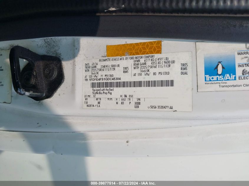 2016 Ford Econoline E450 Super Duty Cutwy Van VIN: 1FDFE4FS1GDC45304 Lot: 39877514