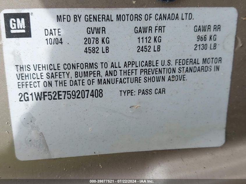 2005 Chevrolet Impala VIN: 2G1WF52E759207408 Lot: 39877521