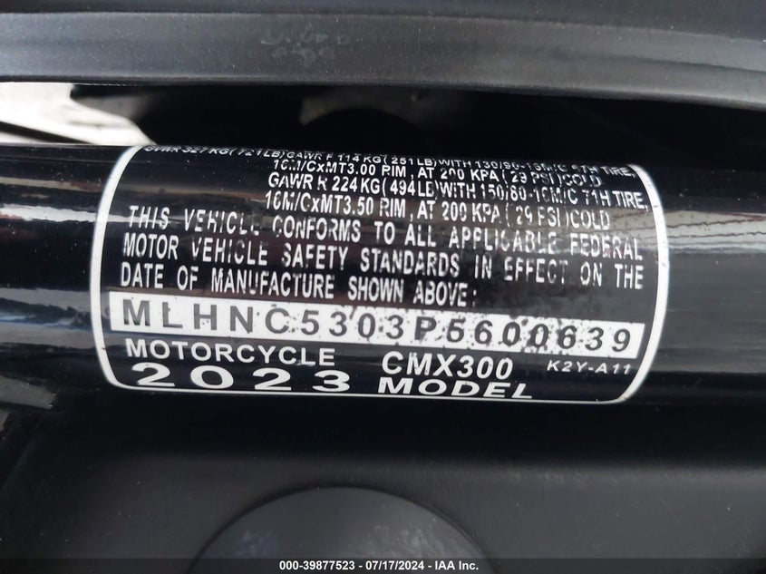 VIN MLHNC5303P5600639 2023 HONDA CMX300