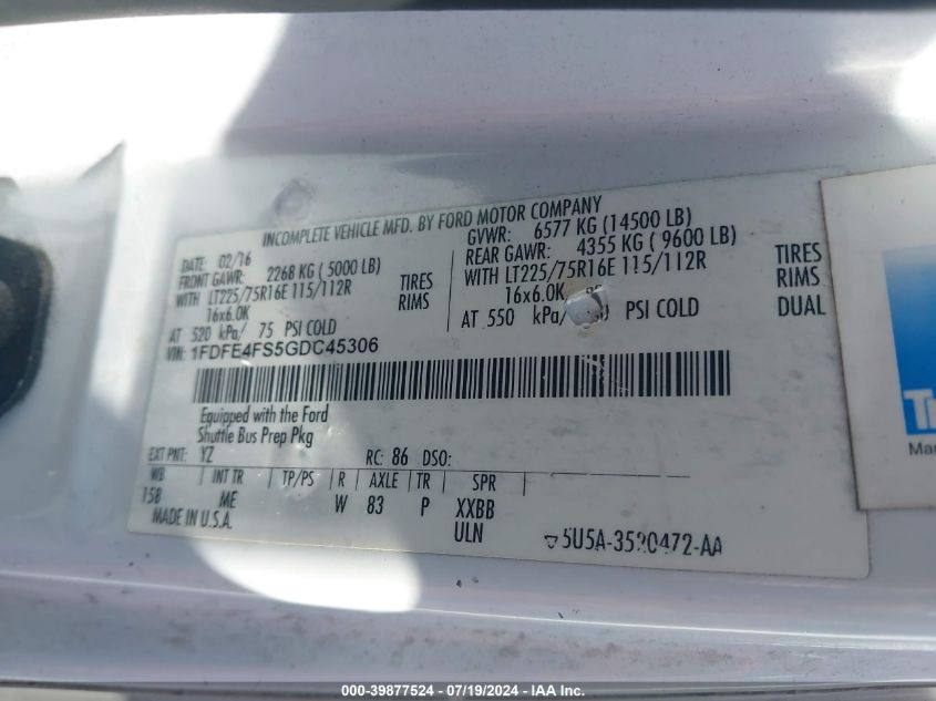 2016 Ford Econoline E450 Super Duty Cutwy Van VIN: 1FDFE4FS5GDC45306 Lot: 39877524