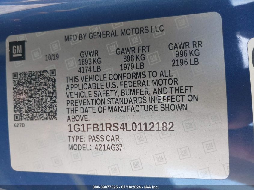 2020 Chevrolet Camaro Rwd 1Lt VIN: 1G1FB1RS4L0112182 Lot: 39877525