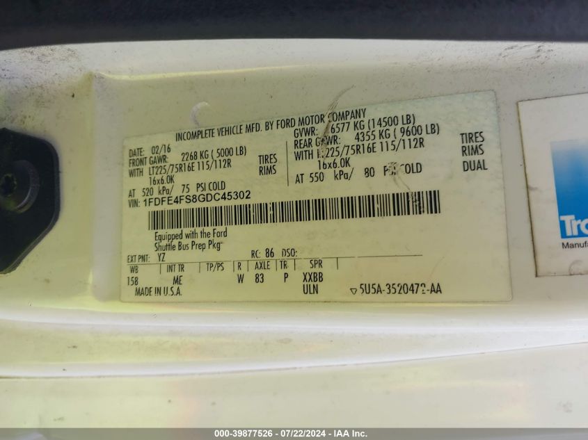 2016 Ford E-450 Cutaway VIN: 1FDFE4FS8GDC45302 Lot: 39877526
