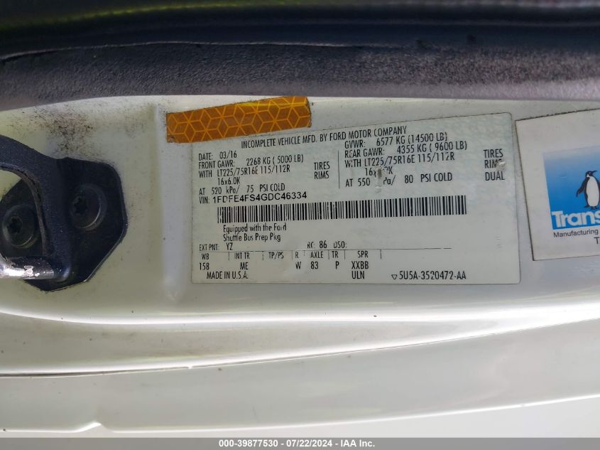 2016 Ford Econoline E450 Super Duty Cutwy Van VIN: 1FDFE4FS4GDC46334 Lot: 39877530