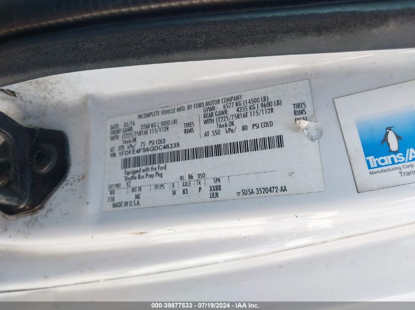2016 Ford Econoline E450 Super Duty Cutwy Van VIN: 1FDFE4FS6GCD46335 Lot: 39877533