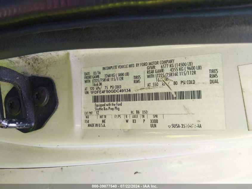 2016 Ford E-450 Cutaway VIN: 1FDFE4FS0GDC49134 Lot: 39877540