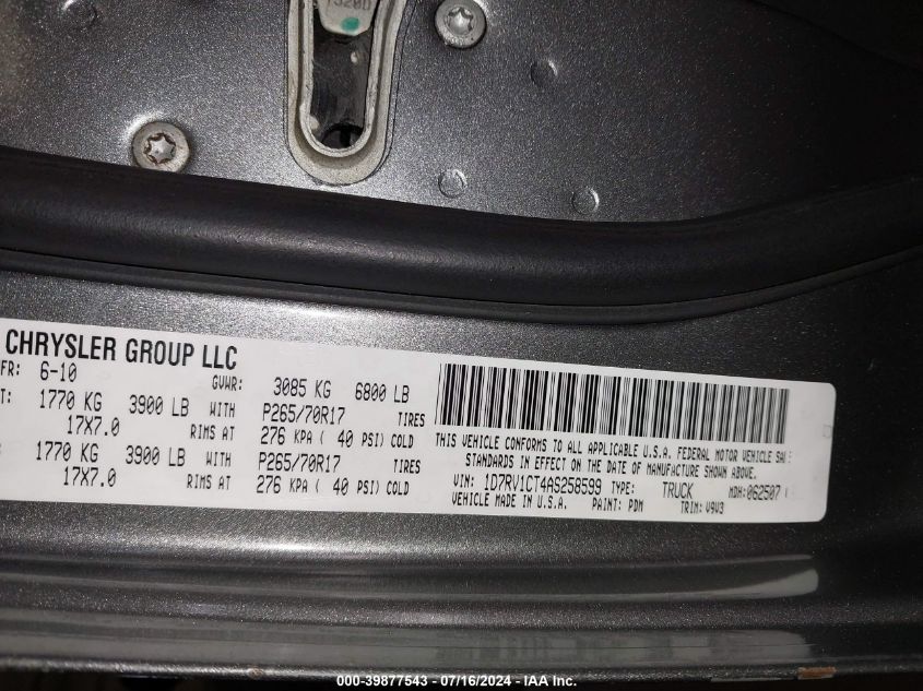 2010 Dodge Ram 1500 Slt/Sport/Trx VIN: 1D7RV1CT4AS258599 Lot: 39877543