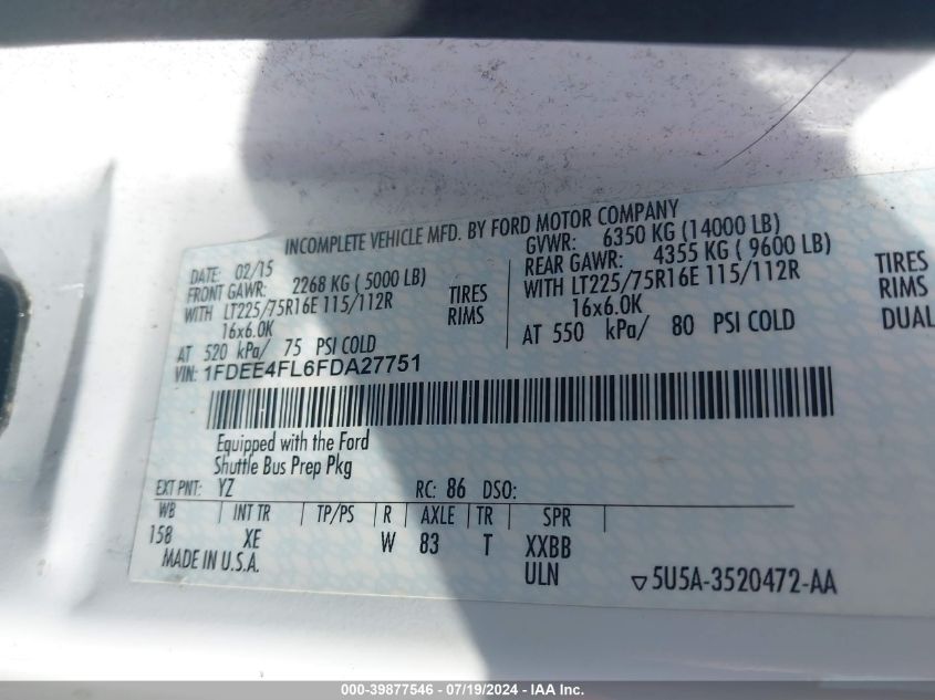 2015 Ford Econoline E450 Super Duty Cutwy Van VIN: 1FDEE4FL6FDA27751 Lot: 39877546