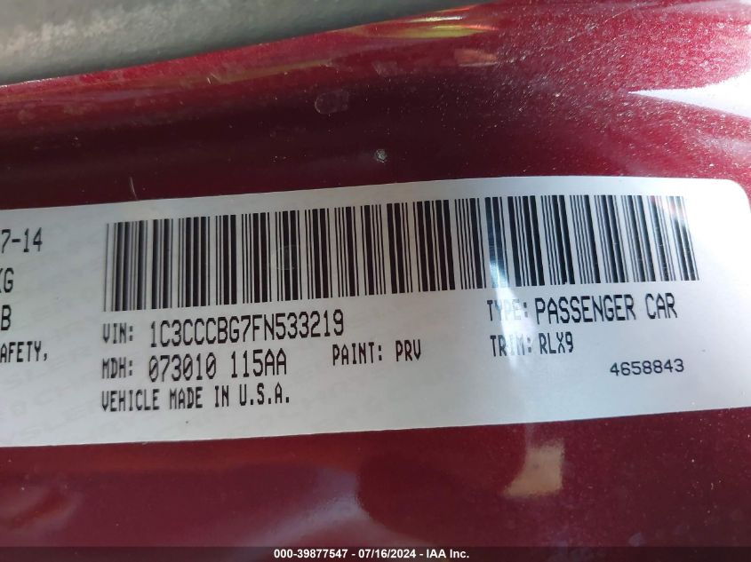 2015 Chrysler 200 S VIN: 1C3CCCBG7FN533219 Lot: 39877547