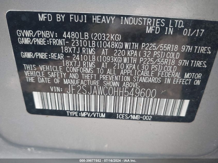 2017 Subaru Forester 2.5I Touring VIN: JF2SJAWC0HH549600 Lot: 39877552