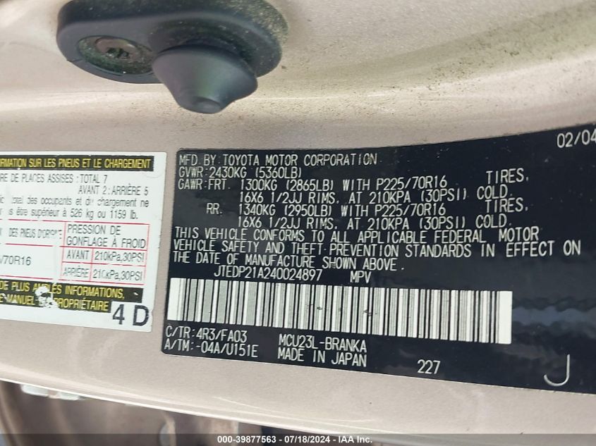 2004 Toyota Highlander V6 VIN: JTEDP21A240024897 Lot: 39877563