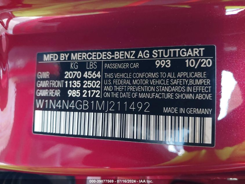 2021 Mercedes-Benz Gla 250 VIN: W1N4N4GB1MJ211492 Lot: 39877569