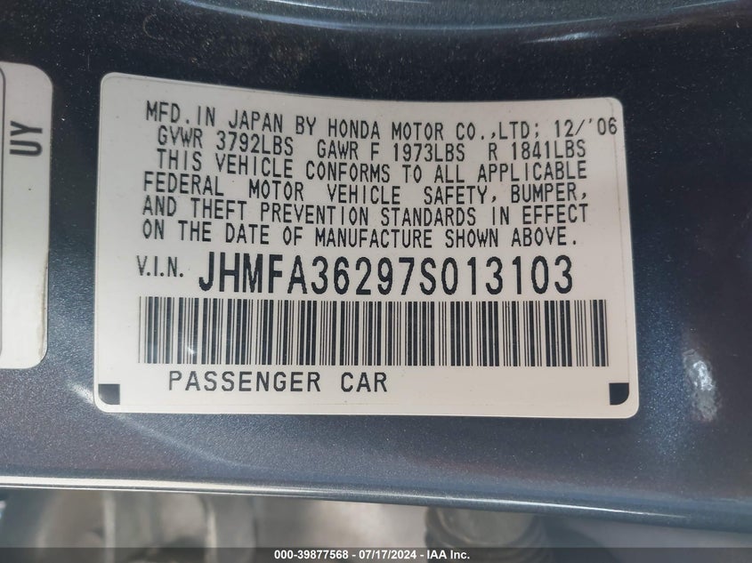 2007 Honda Civic Hybrid VIN: JHMFA36297S013103 Lot: 39877568