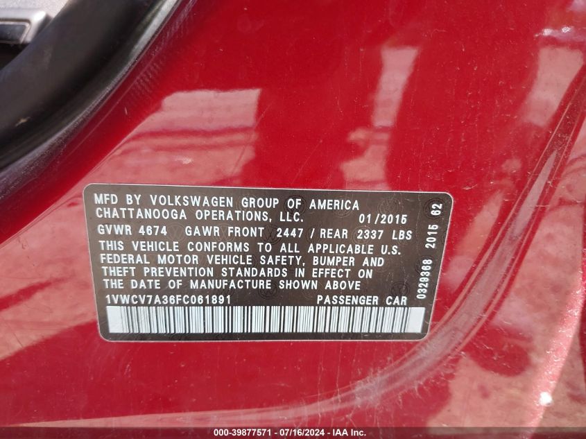 2015 Volkswagen Passat Sel VIN: 1VWCV7A36FC061891 Lot: 39877571
