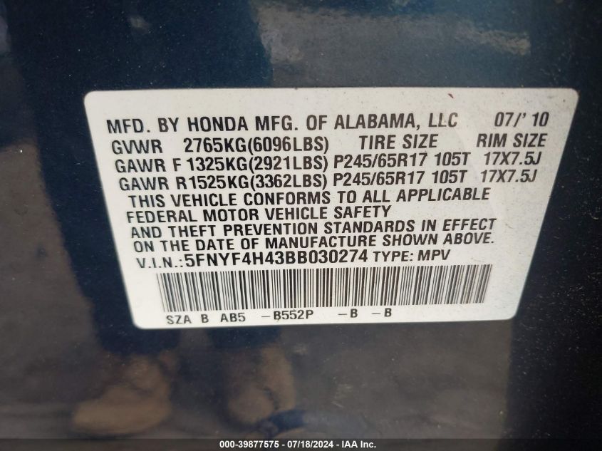 2011 Honda Pilot Ex VIN: 5FNYF4H43BB030274 Lot: 39877575