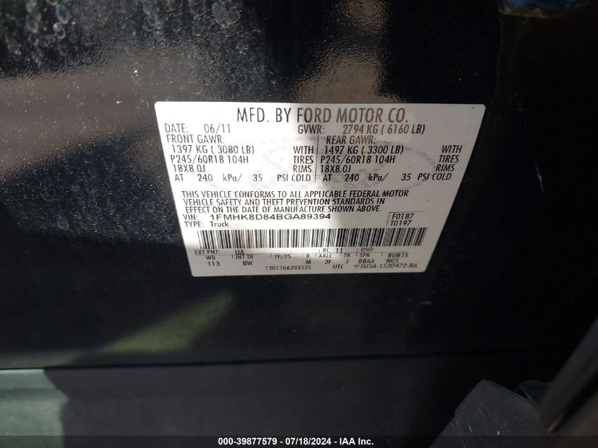 2011 Ford Explorer Xlt VIN: 1FMHK8D84BGA89394 Lot: 39877579